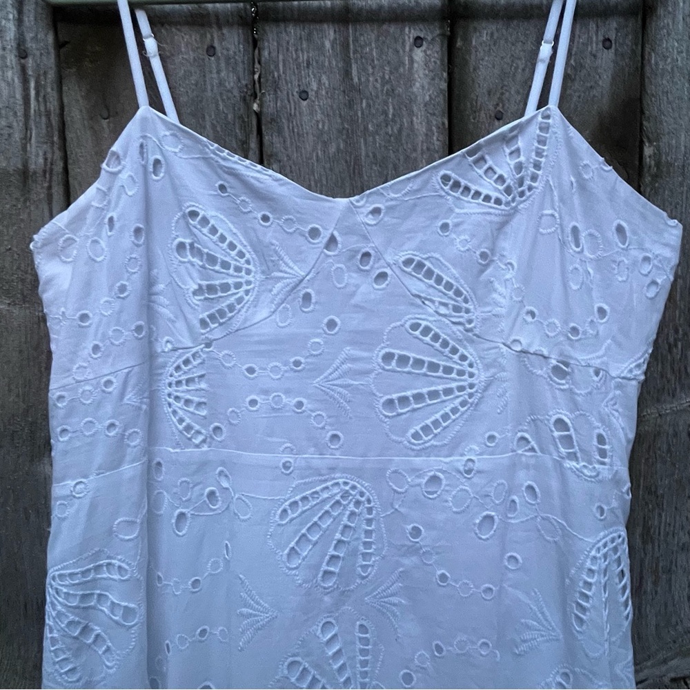 LOFT NWT White Shell Eyelet Cotton Smocking Spaghetti Strap Midi Dress Size 14 - Picture 5 of 10